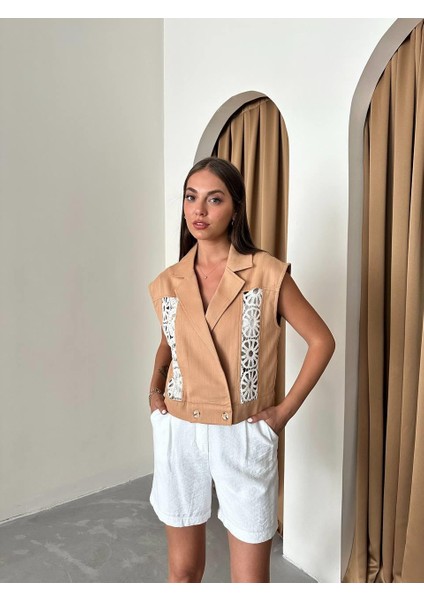 Gabardin Yelek Dantel Detaylı - Kahverengi