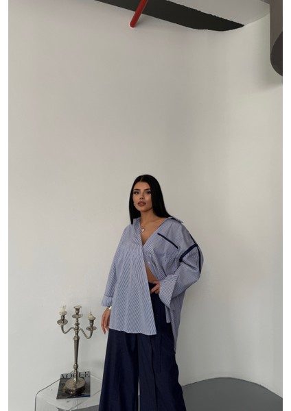 Biye Şerit Detaylı Çizgili Poplin Lacivert Gömlek