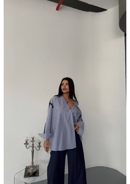 Biye Şerit Detaylı Çizgili Poplin Lacivert Gömlek modelleri