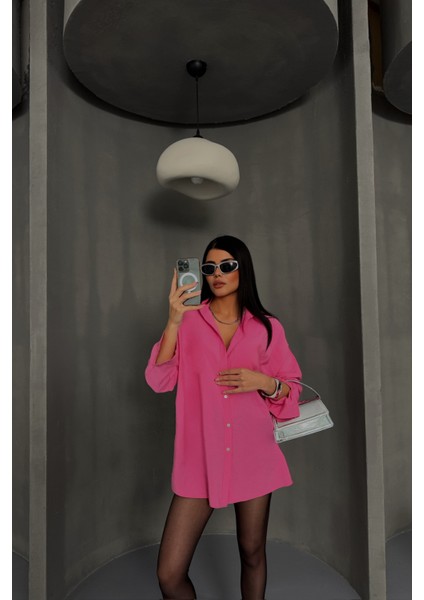 Pembe Boyfriend Gömlek Modal Kumaş Oversize
