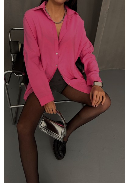 Pembe Boyfriend Gömlek Modal Kumaş Oversize