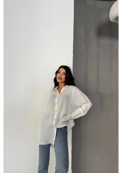 Saten Krinkill Manşet Detaylı Metal Düğme Sıralı Ekru Gömlek