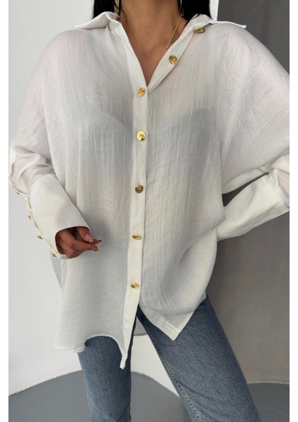 Saten Krinkill Manşet Detaylı Metal Düğme Sıralı Ekru Gömlek fiyatları