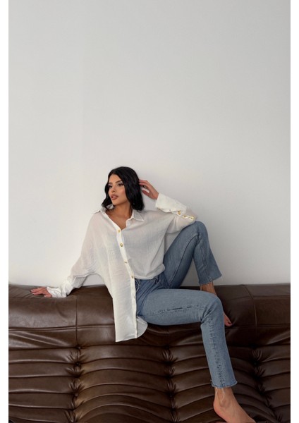 Saten Krinkill Manşet Detaylı Metal Düğme Sıralı Ekru Gömlek fırsatları