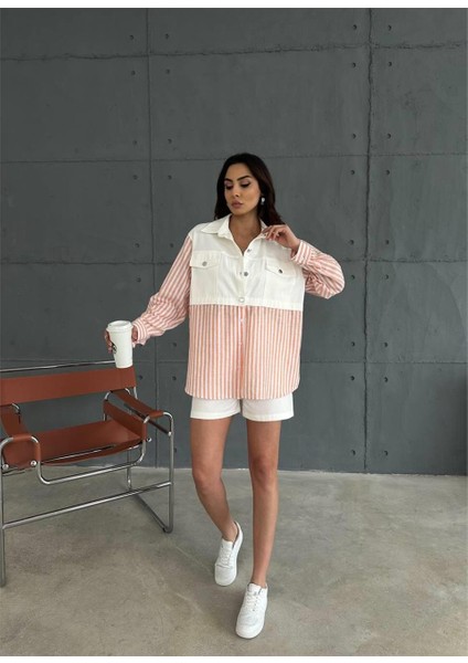 Gabardin Şort - Gabardin - Çizgili Keten Garnili Ceket Takım - Orange