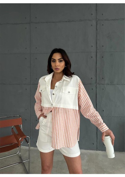 Gabardin Şort - Gabardin - Çizgili Keten Garnili Ceket Takım - Orange