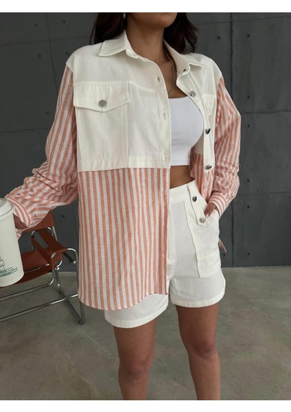 Gabardin Şort - Gabardin - Çizgili Keten Garnili Ceket Takım - Orange
