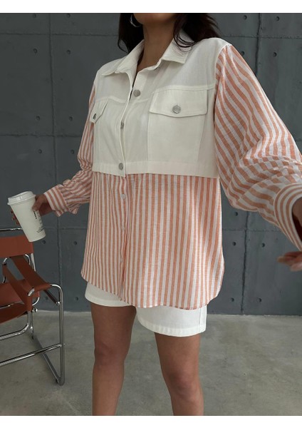 Gabardin Şort - Gabardin - Çizgili Keten Garnili Ceket Takım - Orange