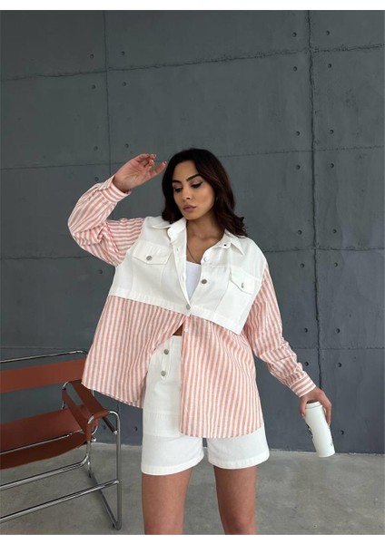 Gabardin Şort - Gabardin - Çizgili Keten Garnili Ceket Takım - Orange