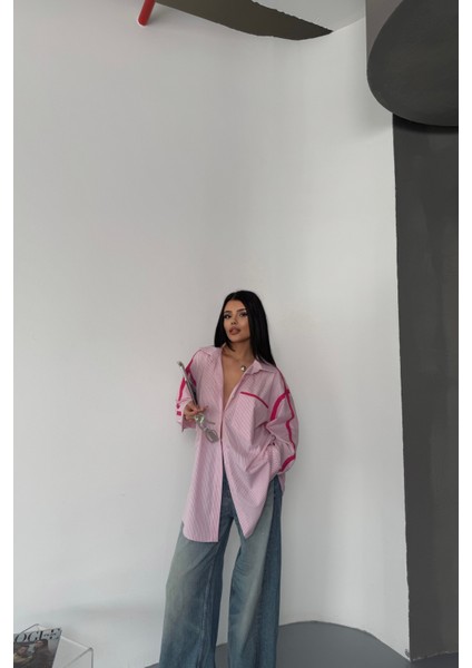 Biye Şerit Detaylı Çizgili Poplin Pembe Gömlek