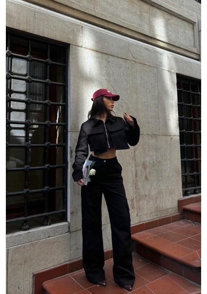 Siyah Gabardin Crop Ceket Takım modelleri