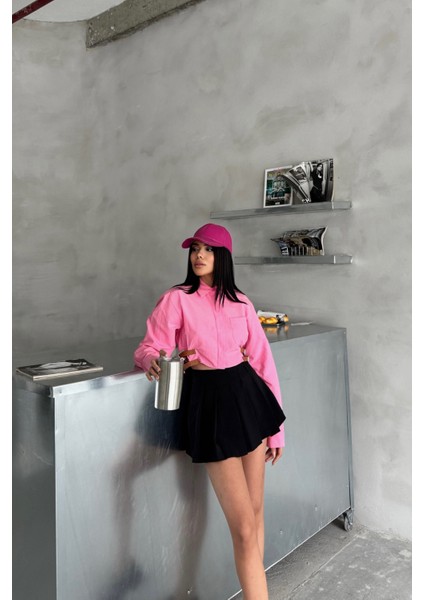 Crop Yan Çift Kemer Detaylı Pembe Poplin Gömlek