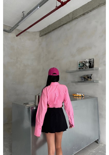 Crop Yan Çift Kemer Detaylı Pembe Poplin Gömlek
