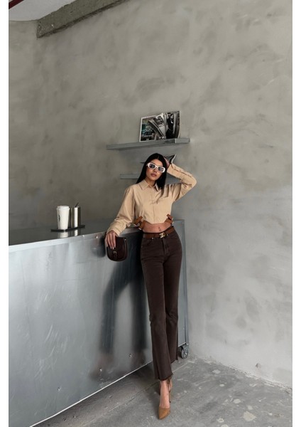 Crop Yan Çift Kemer Detaylı Bej Poplin Gömlek