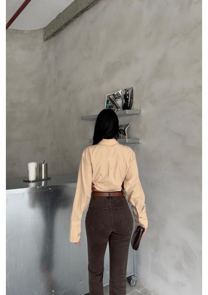 Crop Yan Çift Kemer Detaylı Bej Poplin Gömlek