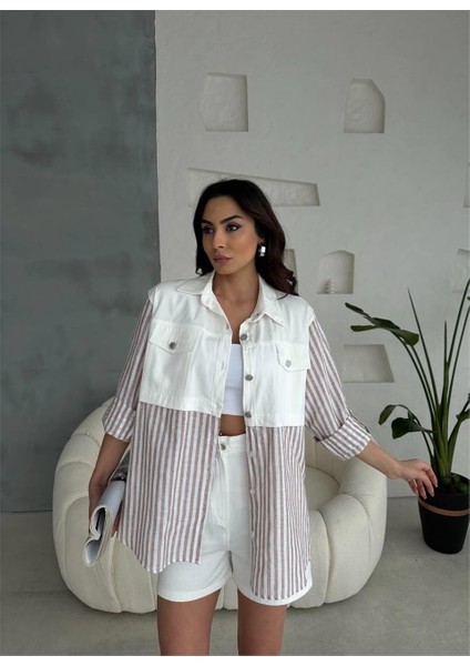 Gabardin Şort - Gabardin - Çizgili Keten Garnili Ceket Takım - Kahverengi indirimleri