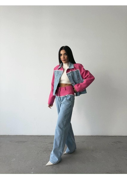 Parçalı Denim Takım Fuşya