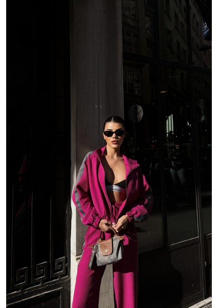 Fuşya Yanları Şerit Detaylı Eşofman Takım