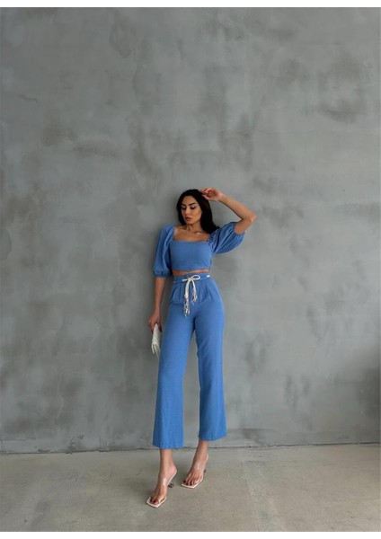 Keten Crop Karpuz Kol Bluz-Pantolon Hasır Kemerli - Mavi