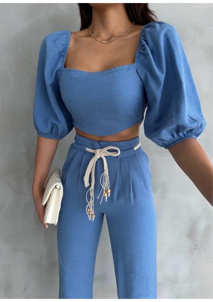 Keten Crop Karpuz Kol Bluz-Pantolon Hasır Kemerli - Mavi