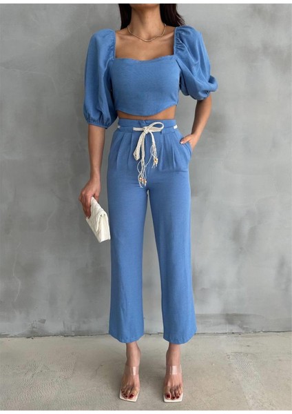 Keten Crop Karpuz Kol Bluz-Pantolon Hasır Kemerli - Mavi