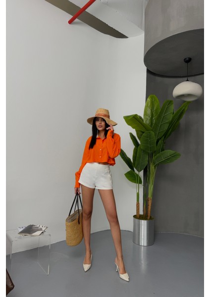Beyaz Yaka ve Etiket Detaylı Orange Crop Gömlek