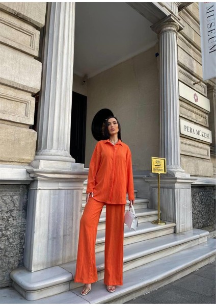 Kendinden Desenli Krınkıll Gömlek - Pantolon Tk - Orange