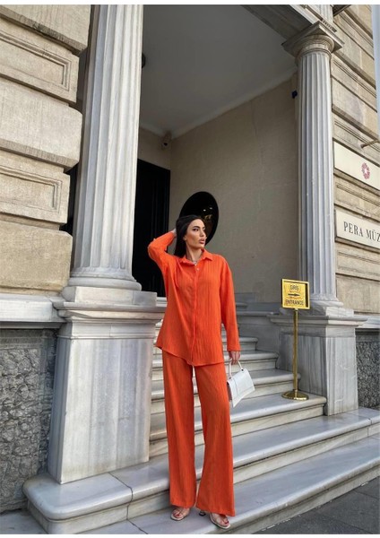 Kendinden Desenli Krınkıll Gömlek - Pantolon Tk - Orange