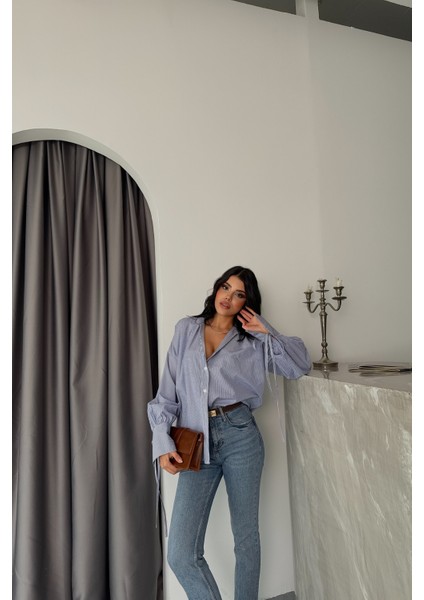 Manşet İp Detaylı Çizgili Poplin Lacivert Gömlek modelleri