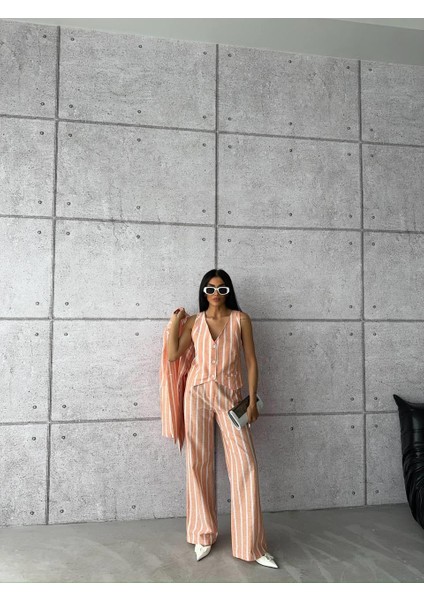 Çizgili Keten Yelek-Pantolon Takım - Orange modelleri