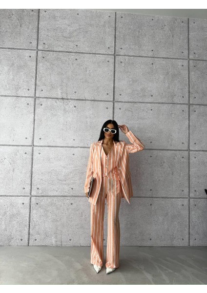 Çizgili Keten Yelek-Pantolon Takım - Orange fırsatları