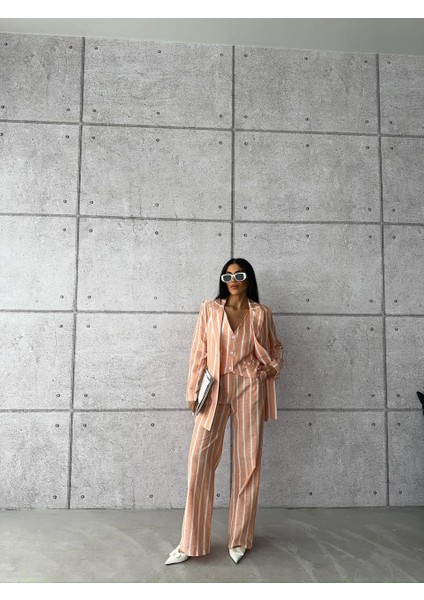 Çizgili Keten Yelek-Pantolon Takım - Orange indirimleri