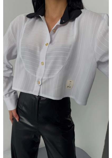 Beyaz Yaka ve Etiket Detaylı Beyaz Crop Gömlek fiyatları