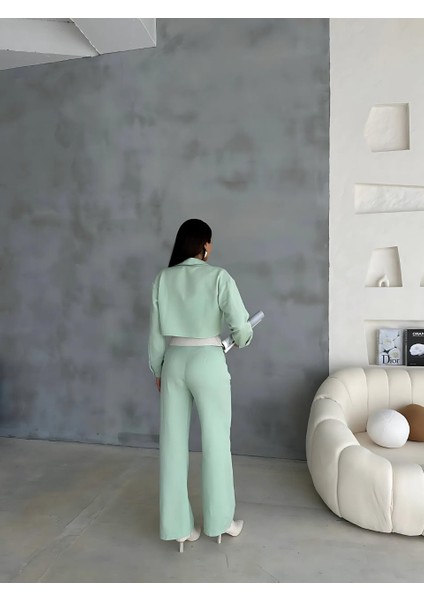 Keten Gömlek-Crop-Salaş Pantolon Takım - Mint fiyatları
