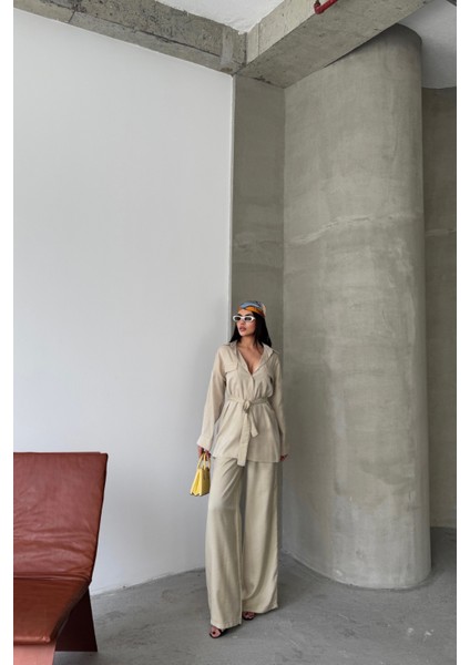 Simli Kumaş Salaş Pantolon Gömlek Bej Takım