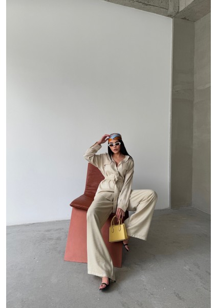 Simli Kumaş Salaş Pantolon Gömlek Bej Takım modelleri