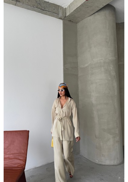 Simli Kumaş Salaş Pantolon Gömlek Bej Takım fırsatları