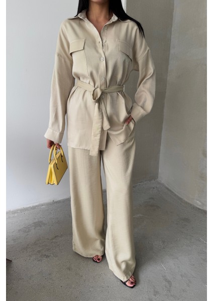 Simli Kumaş Salaş Pantolon Gömlek Bej Takım indirimleri