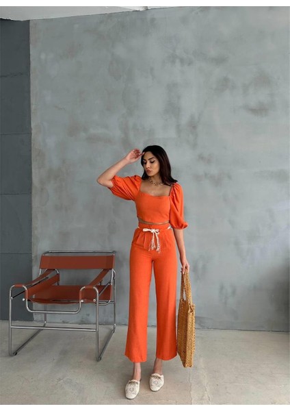 Keten Crop Karpuz Kol Bluz-Pantolon Hasır Kemerli - Orange