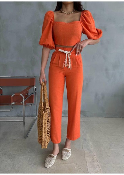 Keten Crop Karpuz Kol Bluz-Pantolon Hasır Kemerli - Orange modelleri