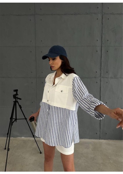 Gabardin Şort - Gabardin - Çizgili Keten Garnili Ceket Takım - Lacivert