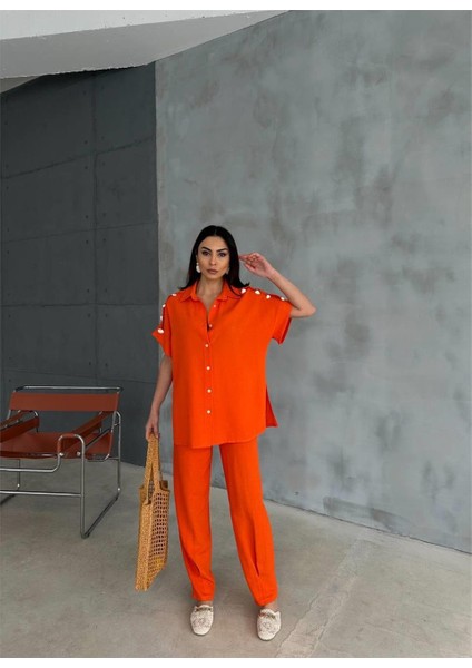 Omuz Midye Sıralı Bluz - Paça Pensli Pantolon - Orange