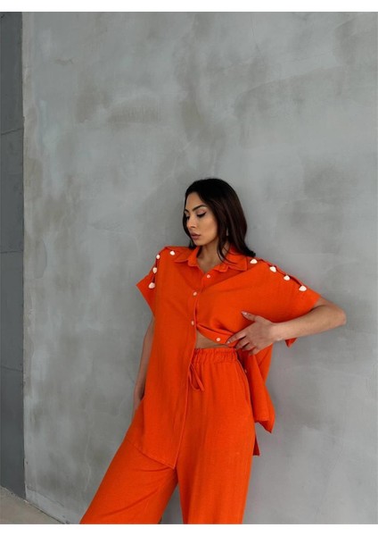 Omuz Midye Sıralı Bluz - Paça Pensli Pantolon - Orange