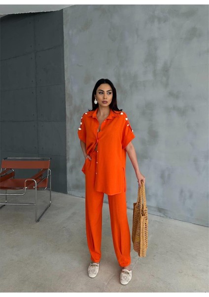 Omuz Midye Sıralı Bluz - Paça Pensli Pantolon - Orange