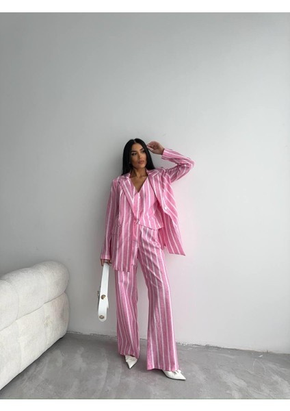 Çizgili Keten Yelek-Pantolon Takım - Pembe fırsatları