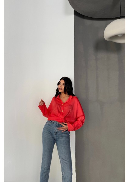 Saten Krinkill Manşet Detaylı Metal Düğme Sıralı Nar Gömlek