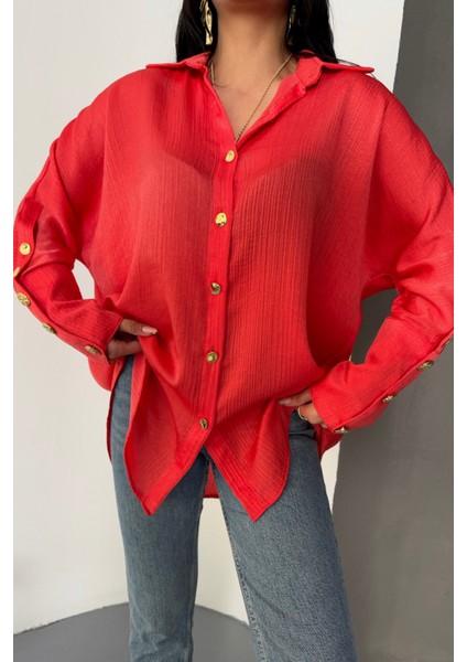 Saten Krinkill Manşet Detaylı Metal Düğme Sıralı Nar Gömlek fiyatları