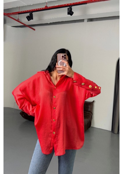 Saten Krinkill Manşet Detaylı Metal Düğme Sıralı Nar Gömlek indirimleri