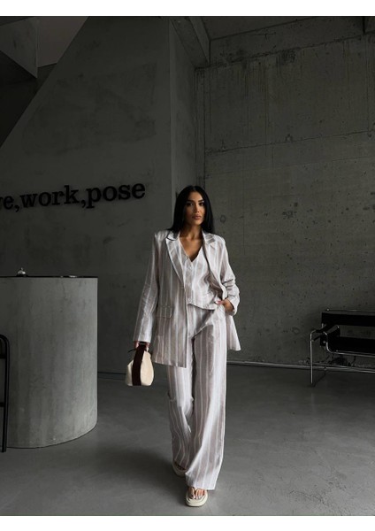 Çizgili Keten Yelek-Pantolon Takım - Bej