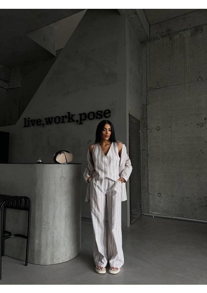 Çizgili Keten Yelek-Pantolon Takım - Bej fiyatları